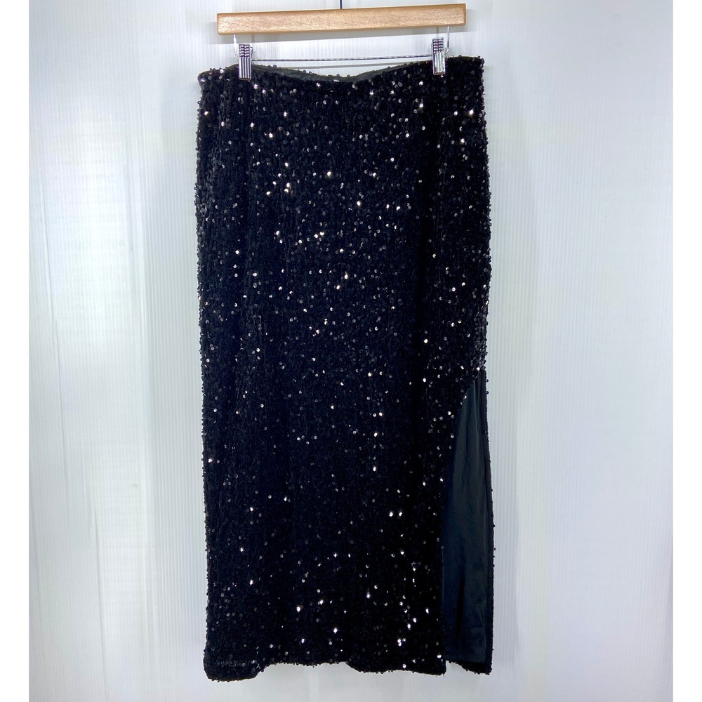 Madden NYC Black Sequin Velour Maxi Skirt Side Slit Womens Large - Picture 3 of 10